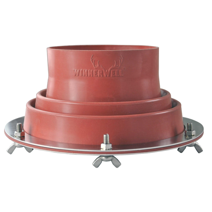 Winnerwell® Flashing Kit compatible with SKU 910447 / SKU 910445 / SKU 910433, showcasing its red, circular, and layered design with metal clamps, designed for sealing stove pipes in outdoor setups.