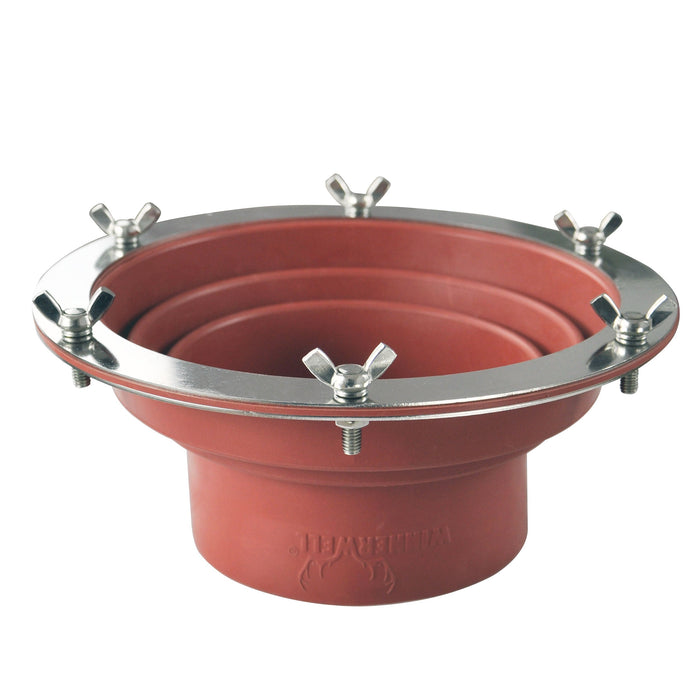 Top - down view of Winnerwell® Flashing Kit, emphasizing its red color, circular shape, and metal clamps that ensure a proper seal, compatible with SKU 910447 / SKU 910445 / SKU 910433 in outdoor stove pipe systems.