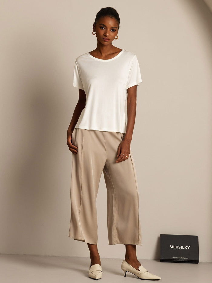 [White] SilkSilky  Short Sleeve Round Neck Women's T-Shirt 006
