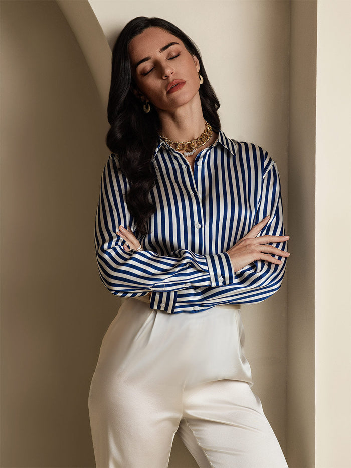 [Navy Stripe] SilkSilky  Long Sleeve Lapel Collar Women's Shirts 002