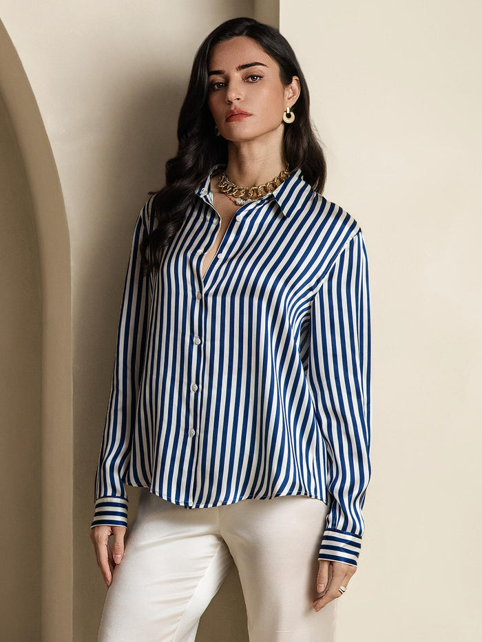 [Navy Stripe] SilkSilky  Long Sleeve Lapel Collar Women's Shirts 004
