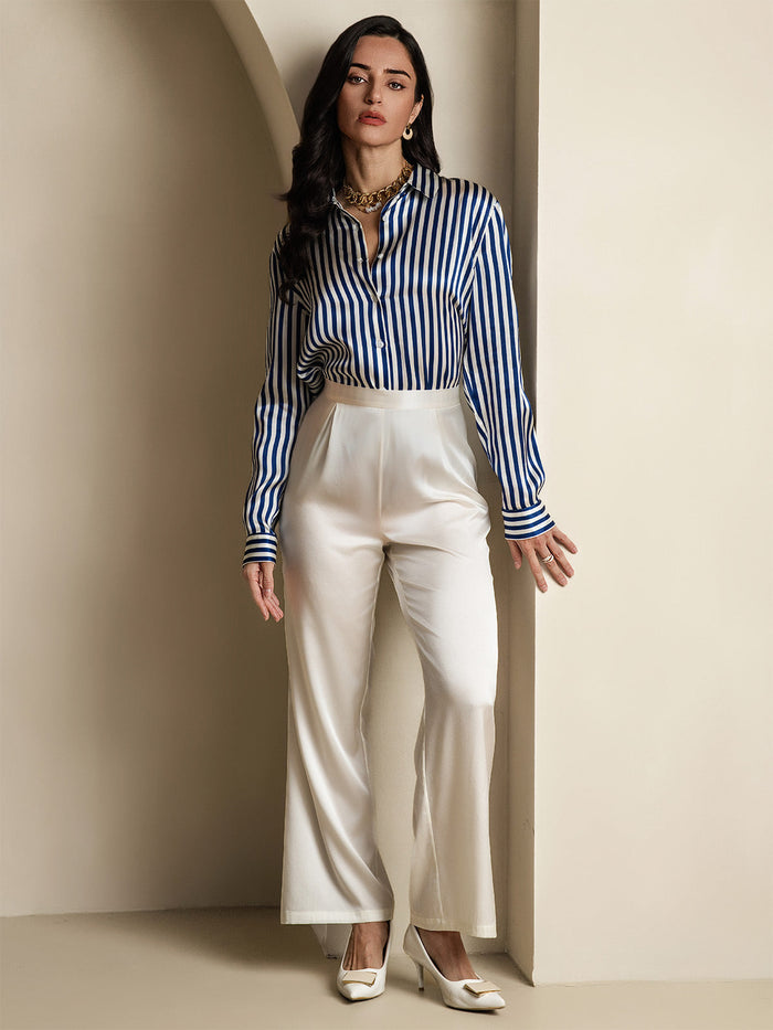 [Navy Stripe] SilkSilky  Long Sleeve Lapel Collar Women's Shirts 007