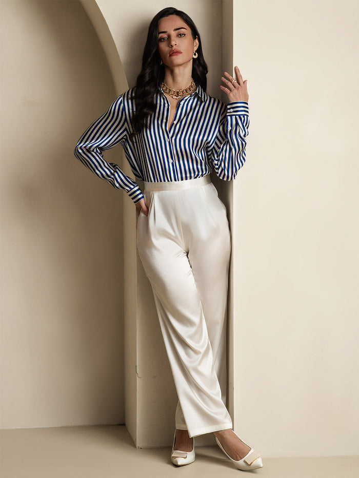 [Navy Stripe] SilkSilky  Long Sleeve Lapel Collar Women's Shirts 008
