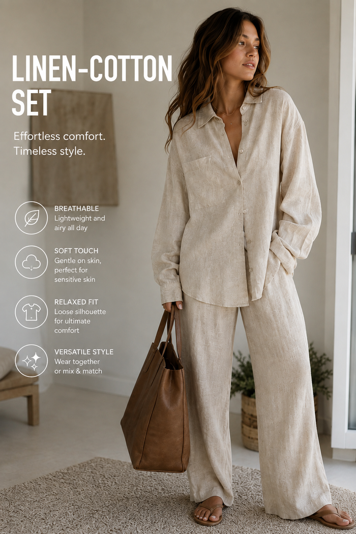 Women's Relaxed Linen-Style 2-Piece Set – Button-Up Shirt & Wide-Leg Pants
