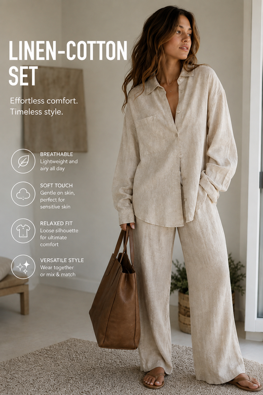 Women's Relaxed Linen-Style 2-Piece Set – Button-Up Shirt & Wide-Leg Pants
