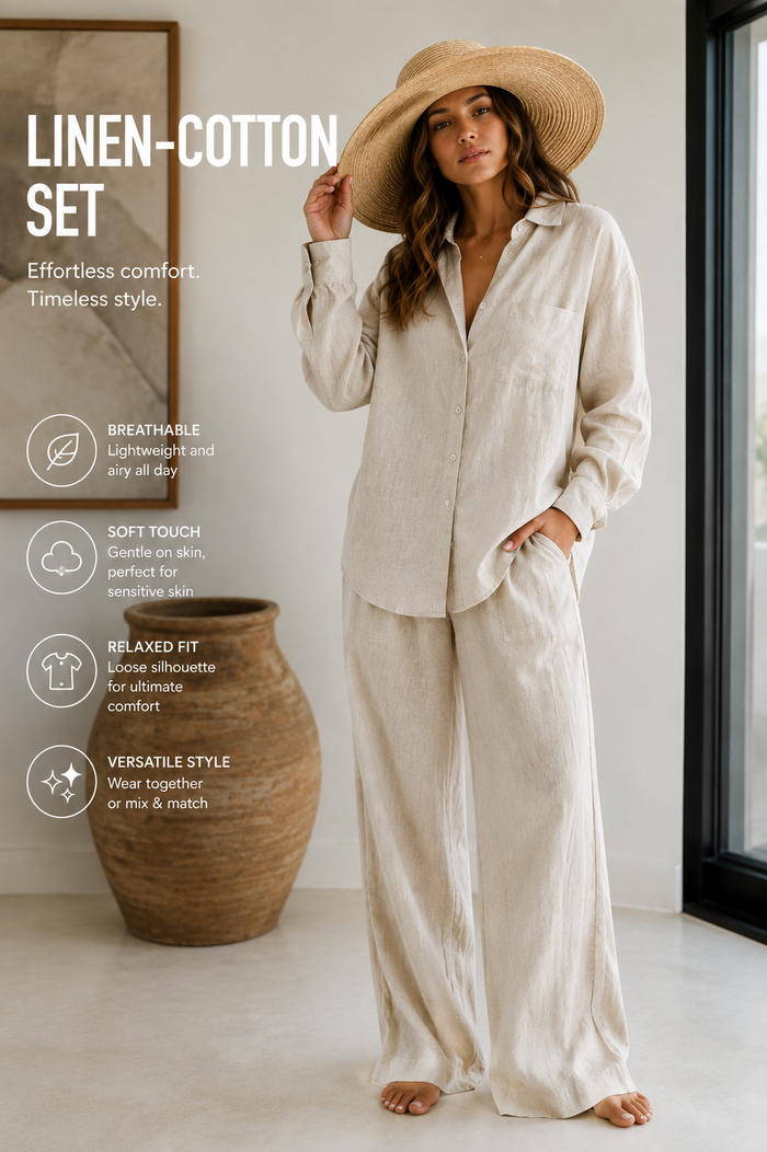 Women's Relaxed Linen-Style 2-Piece Set – Button-Up Shirt & Wide-Leg Pants