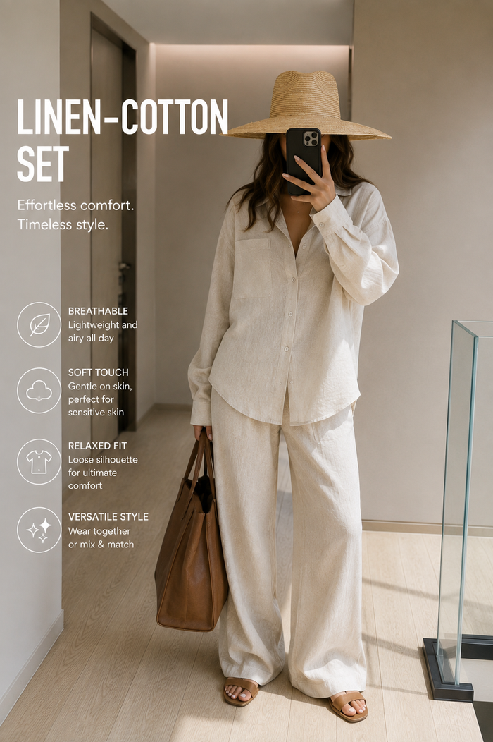 Women's Relaxed Linen-Style 2-Piece Set – Button-Up Shirt & Wide-Leg Pants