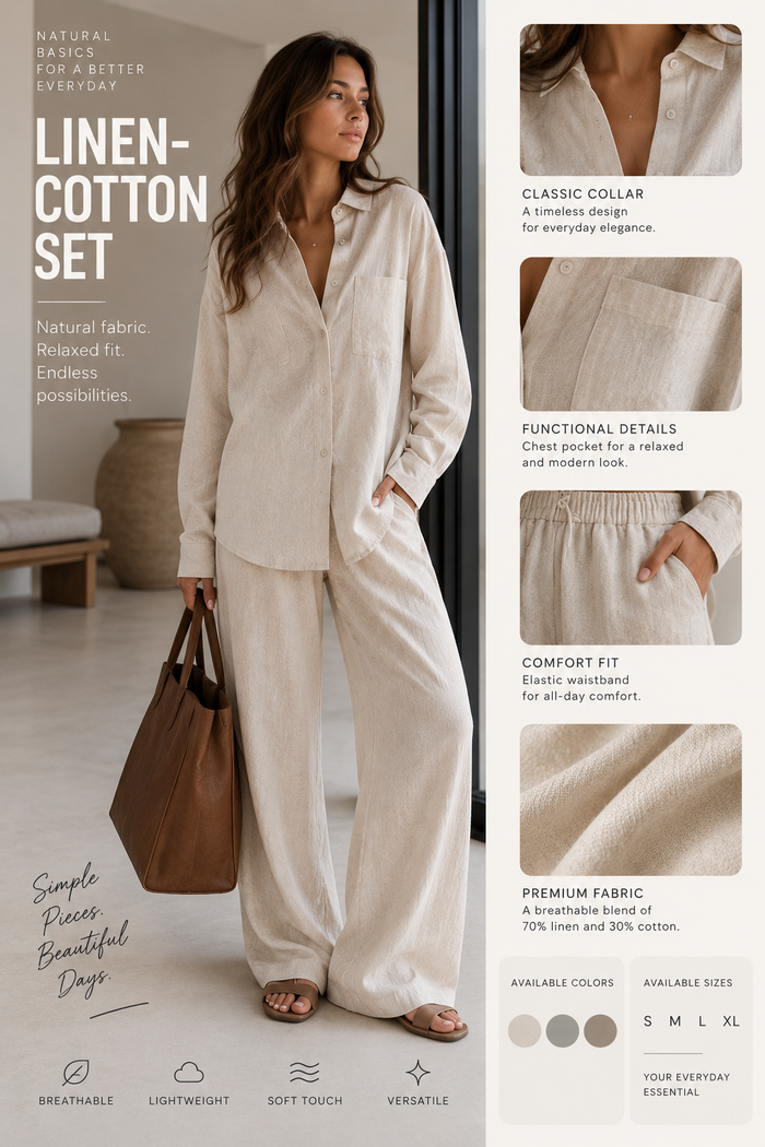 Women's Relaxed Linen-Style 2-Piece Set – Button-Up Shirt & Wide-Leg Pants