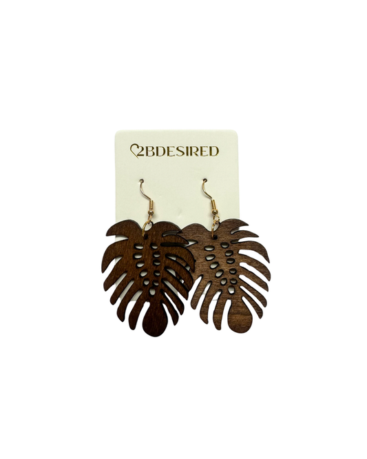 Wooden Monstera Dangle Earrings