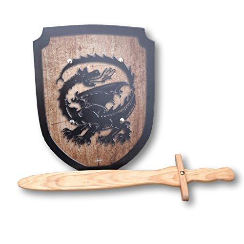 Wooden Sword and Dragon Shield Set - wood, leather Pretend Play for open-ended play - Title: Default Title