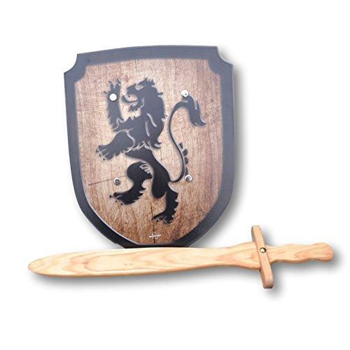 Wooden Sword and Lion Shield Set - wood, leather Pretend Play for open-ended play - Title: Default Title