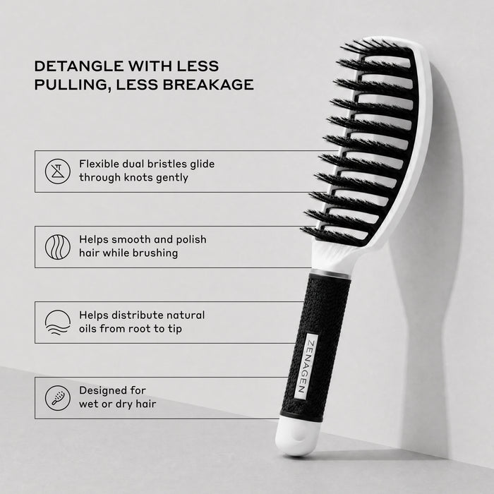 A black and white detangling hair brush shown on a light gray background with marketing text and feature callouts about gentle knot sliding, smoothing, oil distribution, and suitability for wet or dry hair.